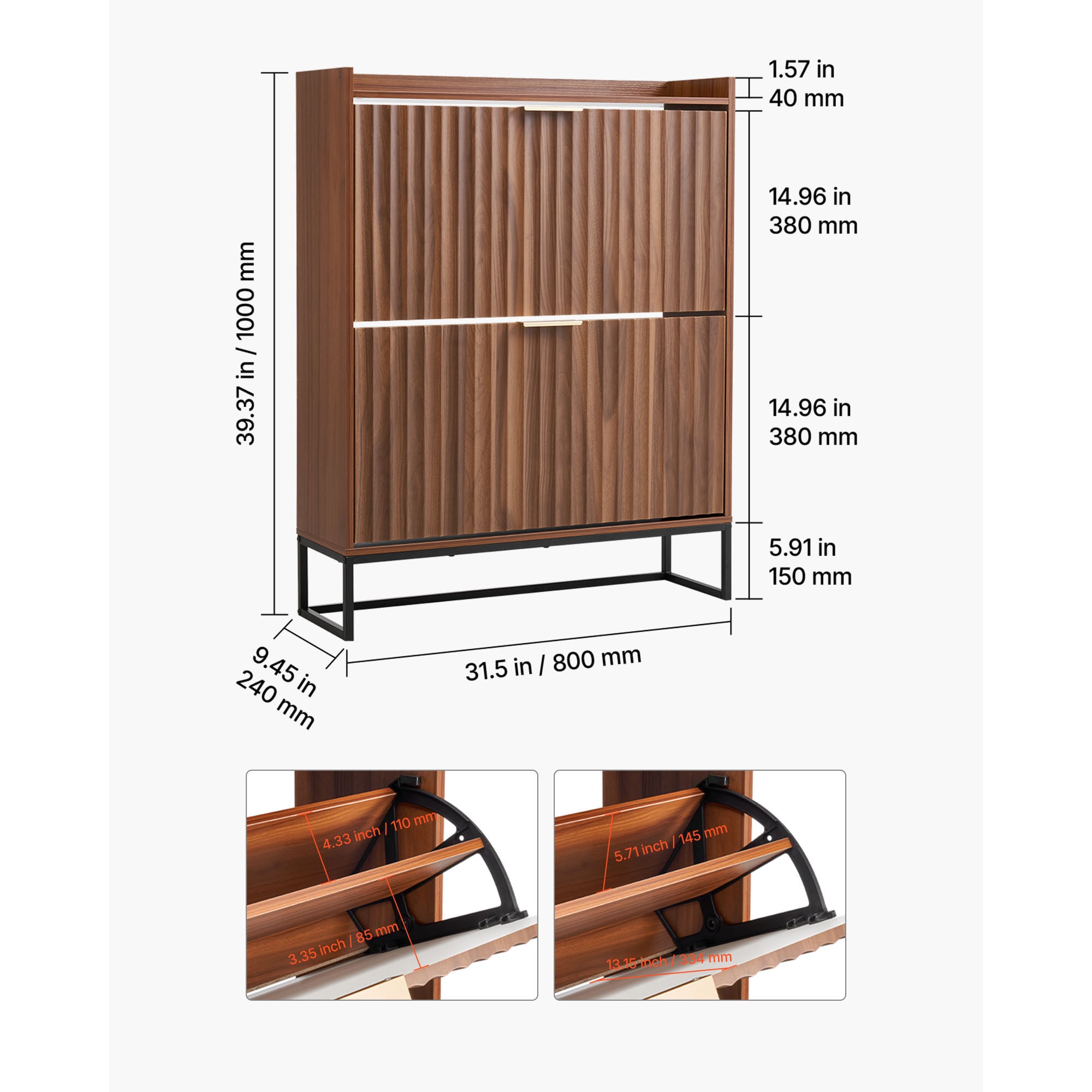Shoe Cabinet With Flip Drawers Freestanding Fluted Walnut Wood_voghion.com